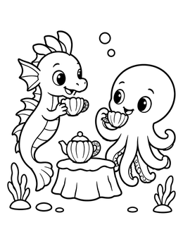 Free printable Sea Dragon And Octopus Tea Party coloring page