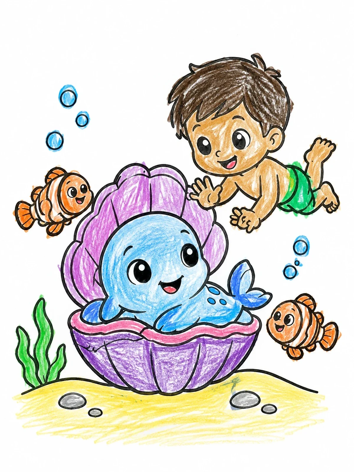 Colored example of the Baby Sea Monster In Shell coloring page