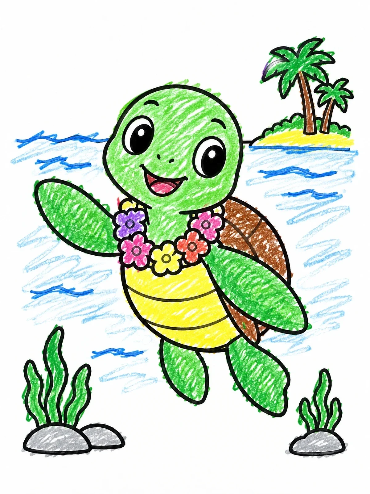 Colored example of the Cute Baby Sea Turtle With Lei coloring page