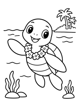 A cheerful baby sea turtle coloring page featuring a flower lei and tropical island view.