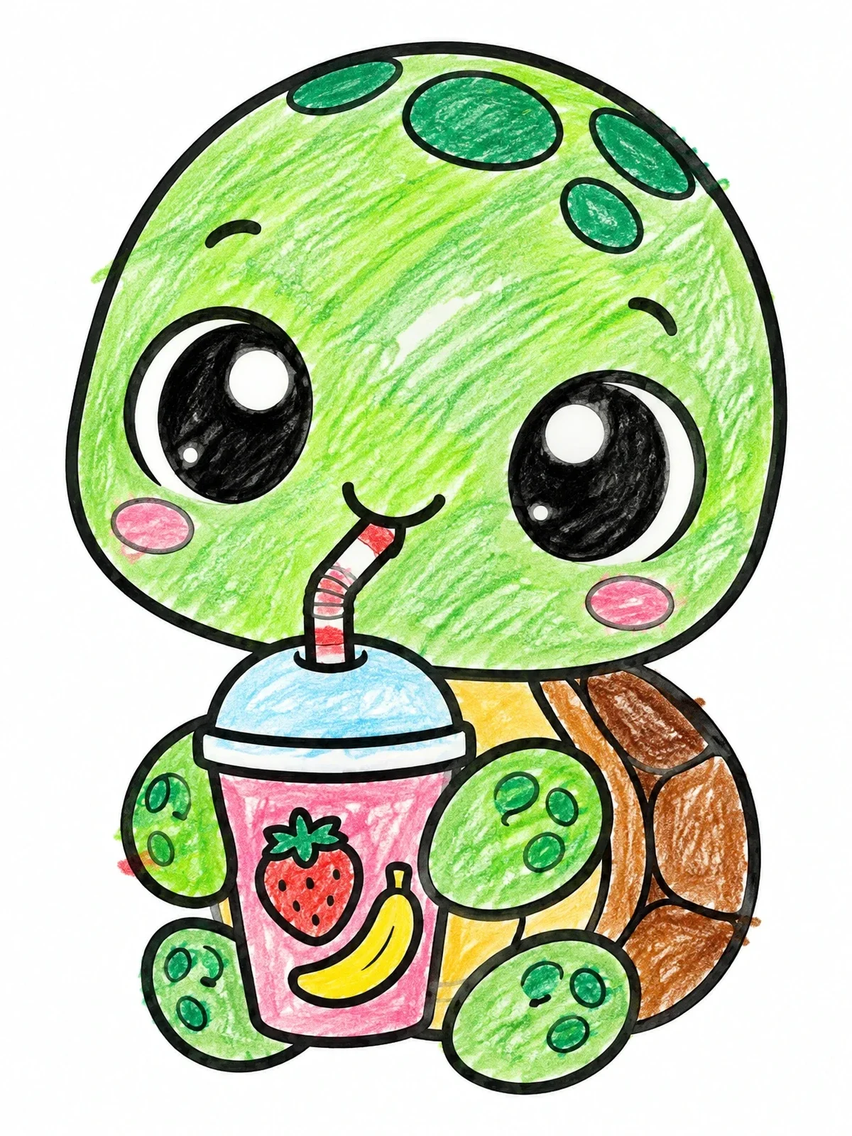 Colored example of the Cute Sea Turtle Drinking Fruit Smoothie coloring page