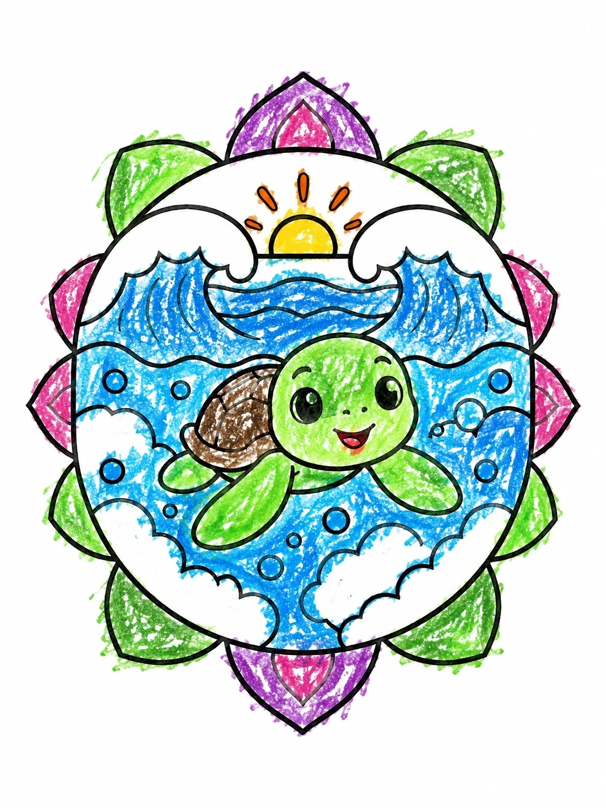 Colored example of the Cute Baby Sea Turtle In Waves coloring page