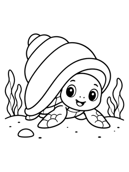 A sea turtle coloring page showing a cute baby turtle peeking out from under a big spiral seashell.