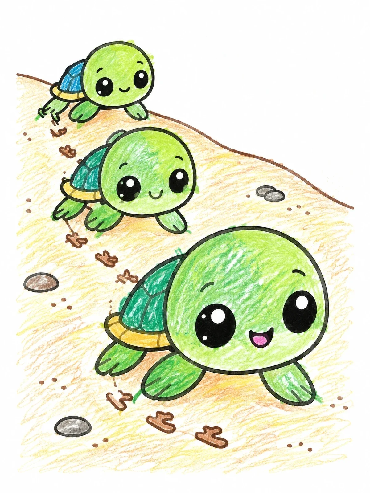Colored example of the Cute Baby Sea Turtles On Sand coloring page