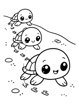 Three cute baby turtles crawl on the beach in this sea turtle coloring page.