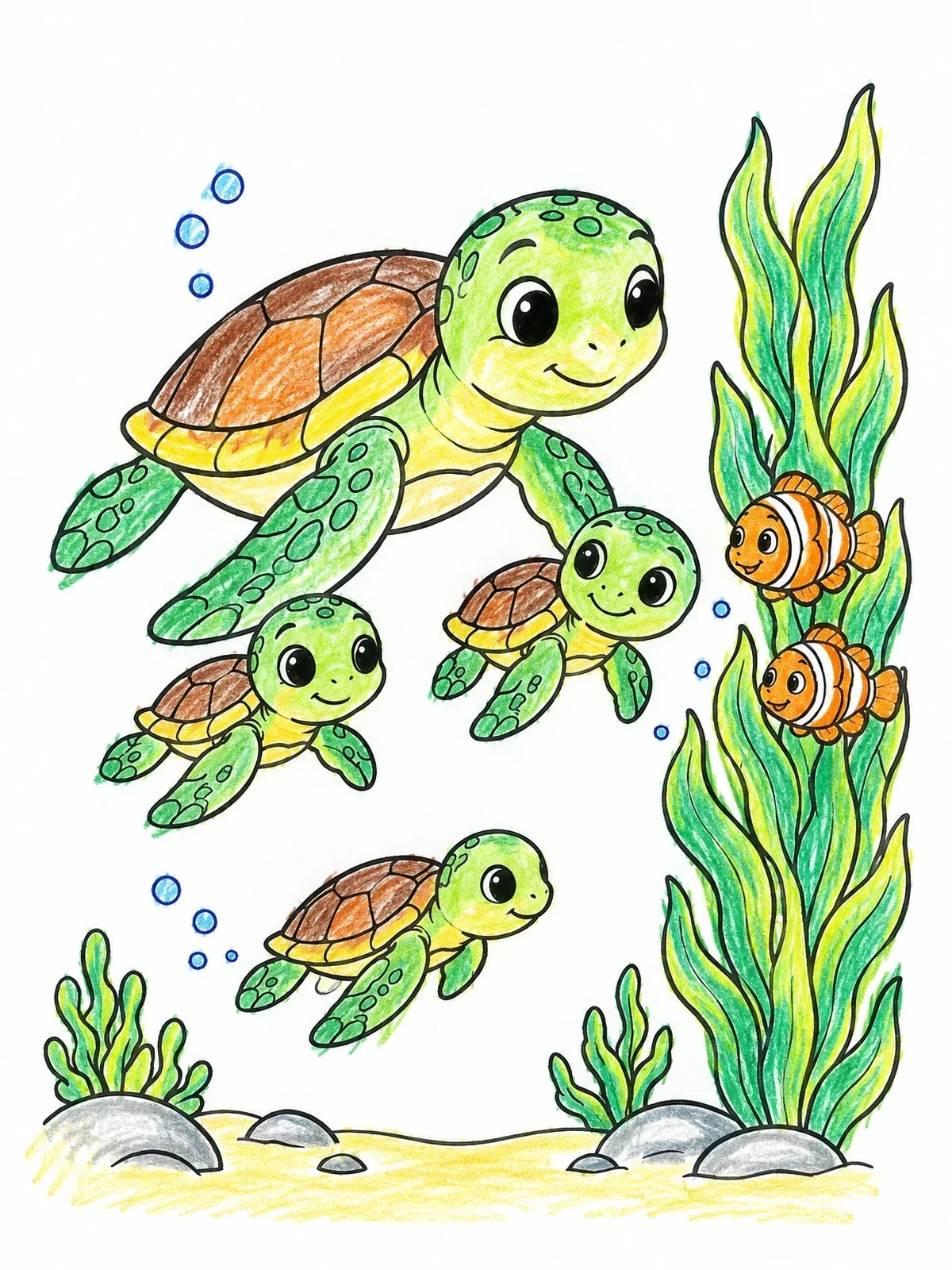Colored example of the Sea Turtle Family With Clownfish coloring page