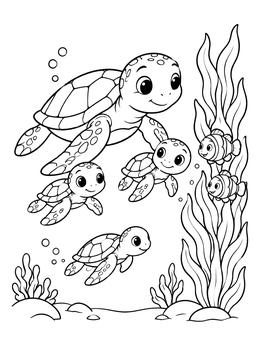 A sea turtle coloring page showing baby turtles swimming near kelp and fish.