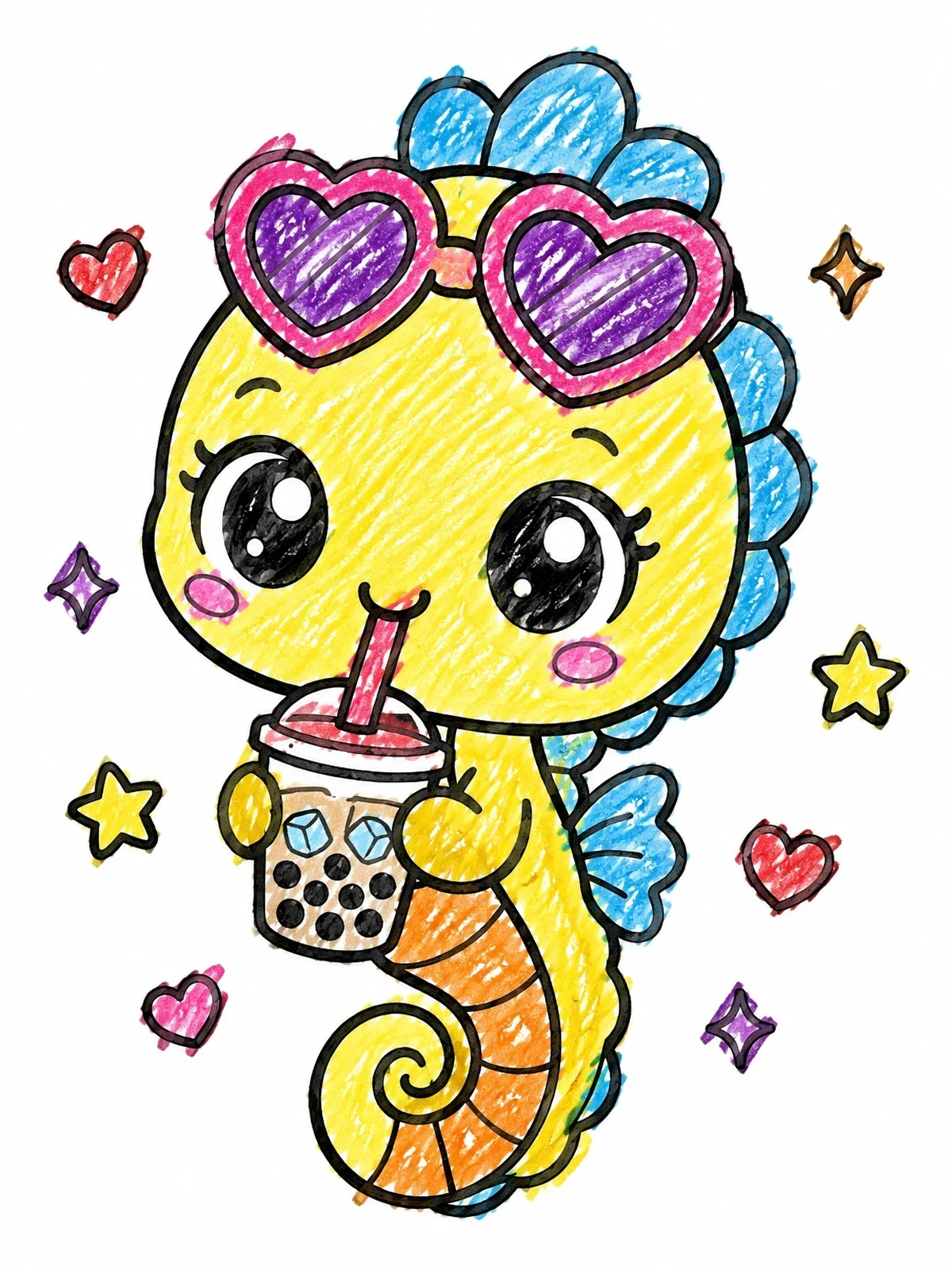 Colored example of the Baby Seahorse Drinking Boba Tea coloring page