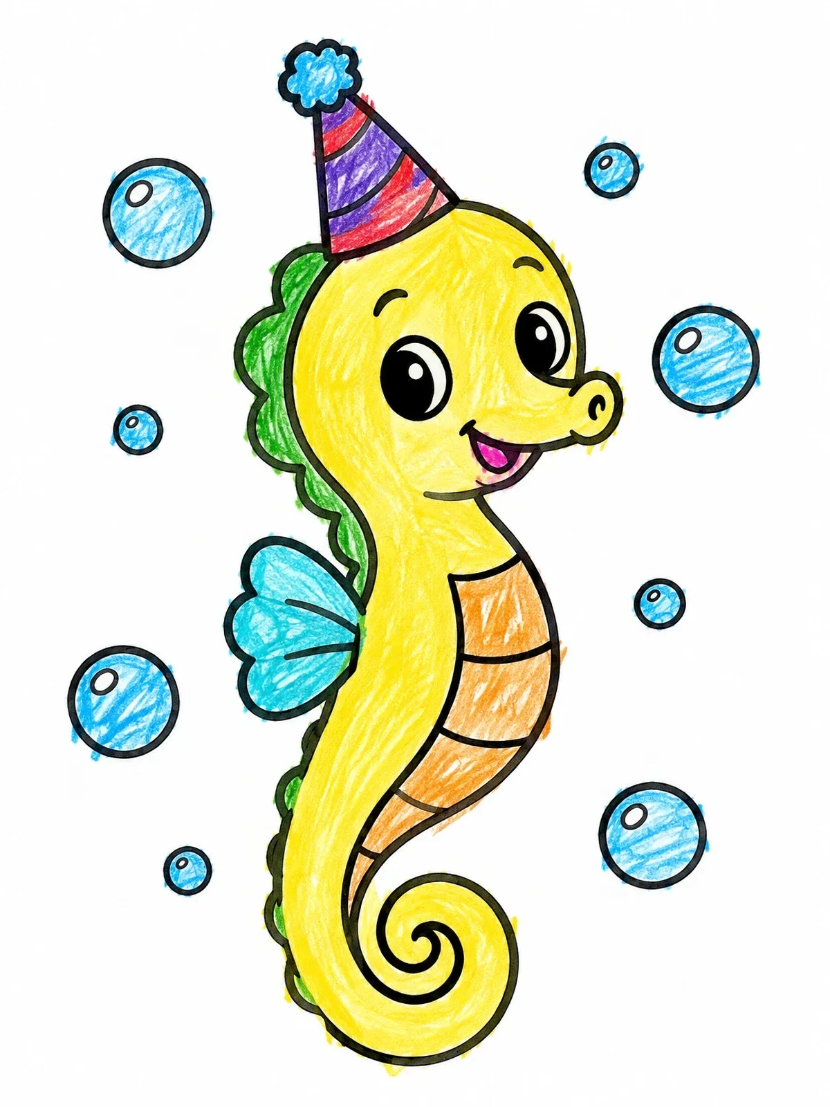 Colored example of the Cute Seahorse With Party Hat coloring page