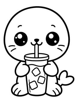 A cute baby seal coloring page featuring a pup sipping an iced drink with a straw.