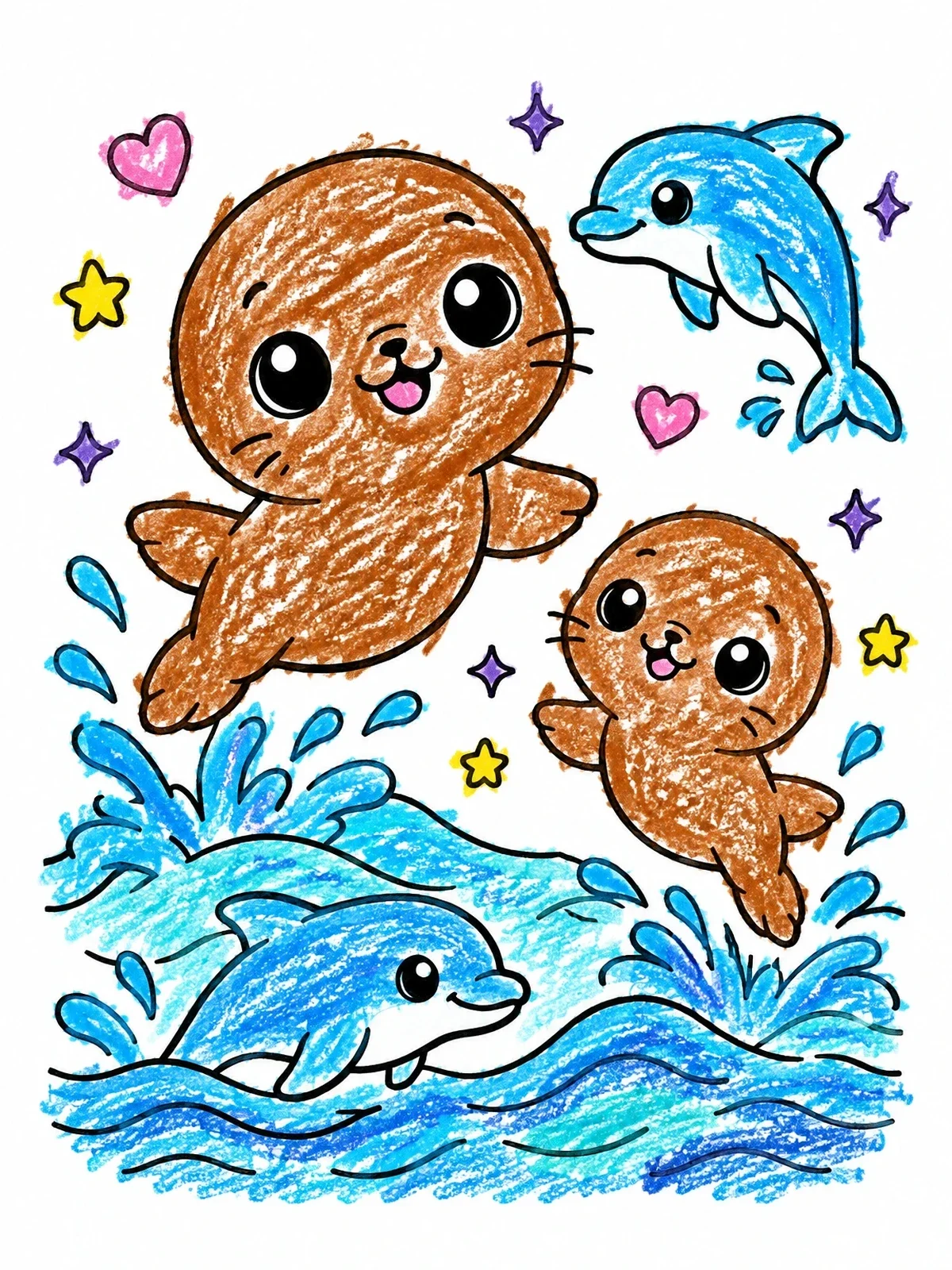 Colored example of the Playful Baby Seals And Dolphins Leaping coloring page