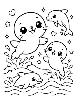 Cute baby seal coloring page with friendly dolphins jumping over ocean waves.