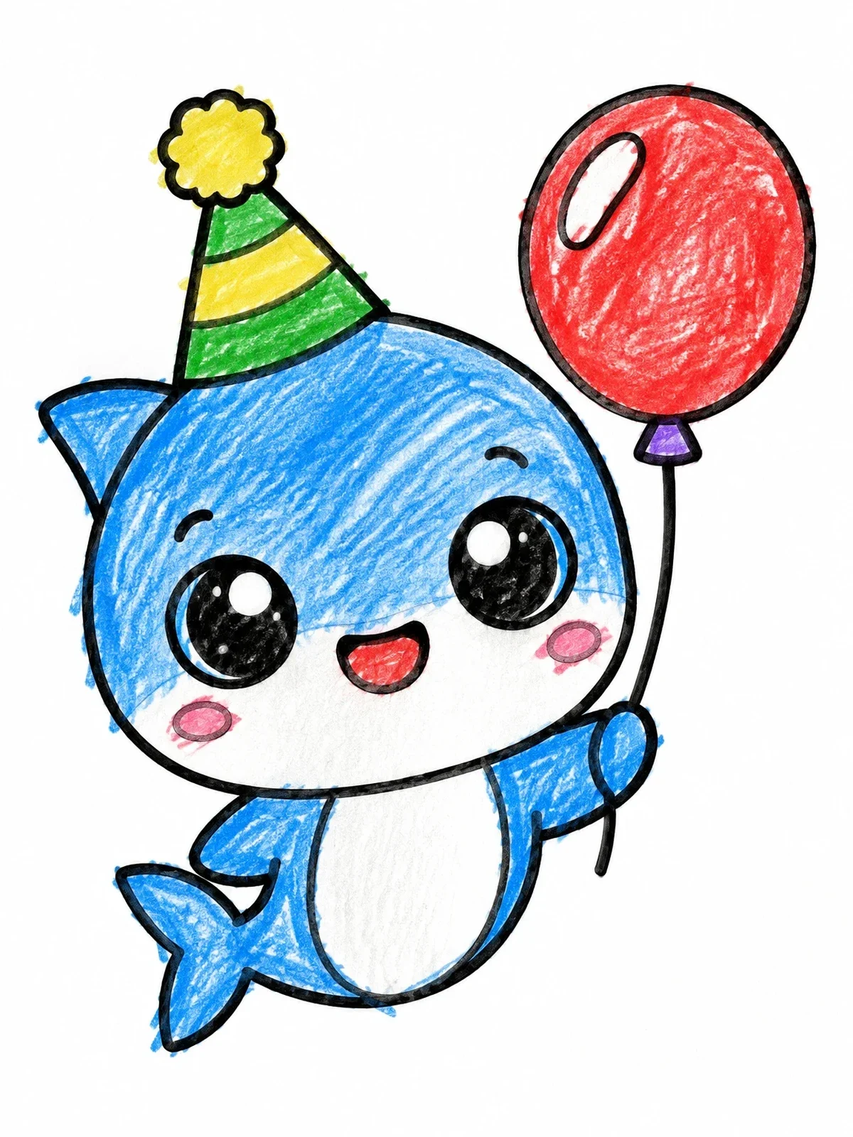 Colored example of the Cute Baby Shark With Party Hat And Balloon coloring page