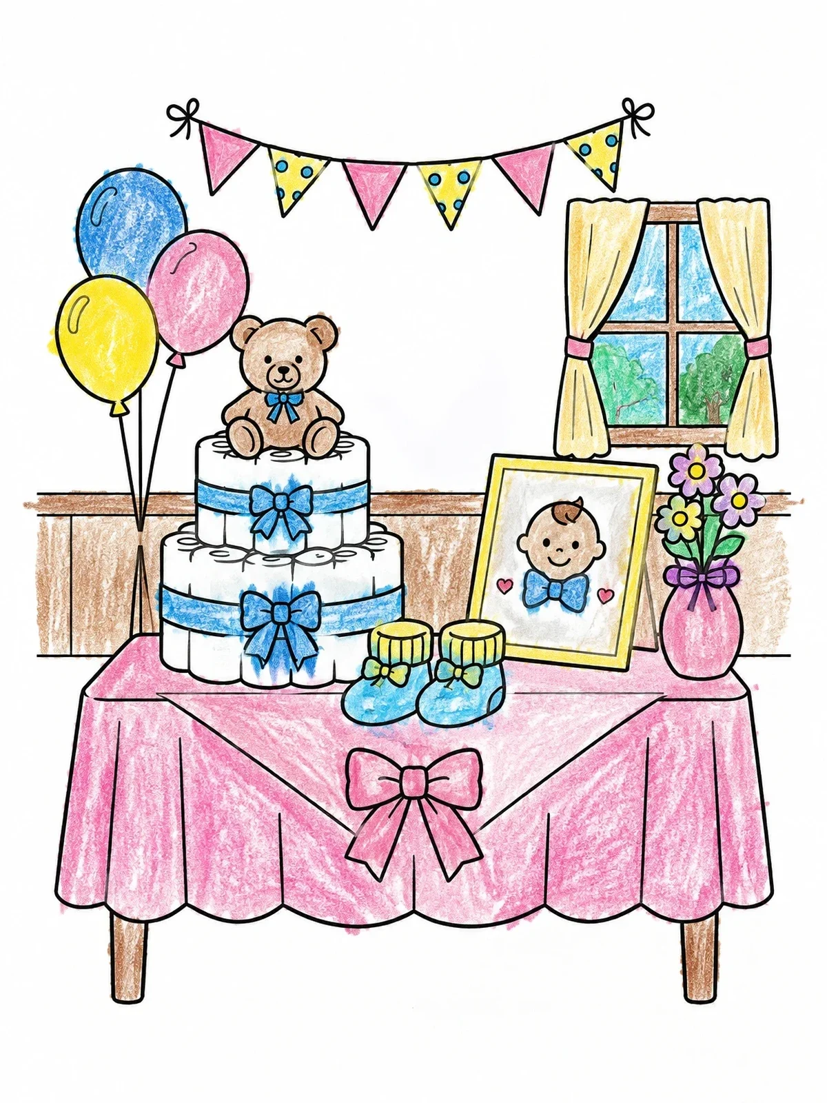 Colored example of the Baby Shower Party Table coloring page