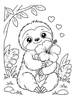 Free printable Cute Baby Sloth With Hibiscus Flower coloring page