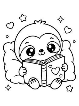 An adorable baby sloth coloring page reading a cozy storybook on a fluffy pillow.