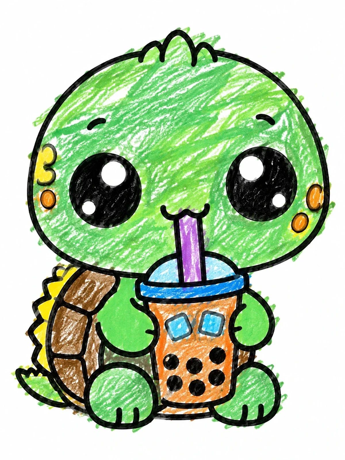 Colored example of the Cute Baby Turtle Drinking Boba coloring page