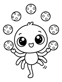 A cheerful baby spider coloring page juggling spotted balls while balancing on one leg.