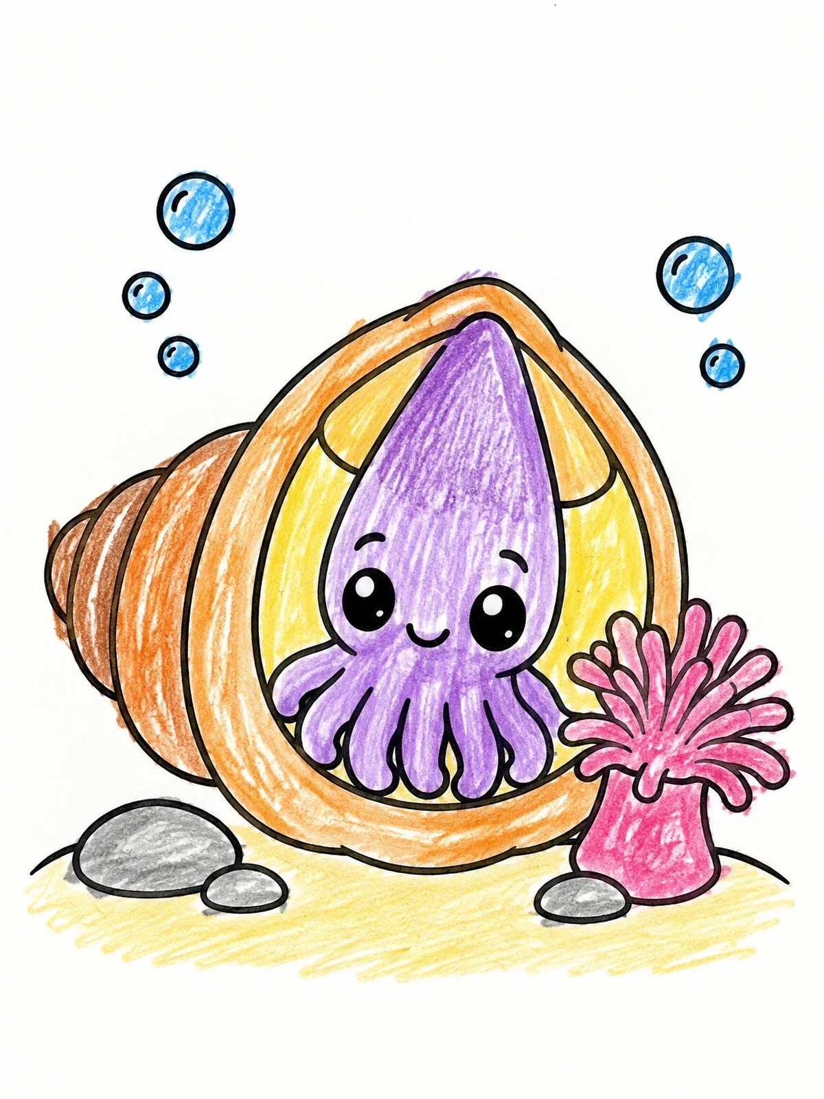 Colored example of the Cute Baby Squid In Seashell coloring page