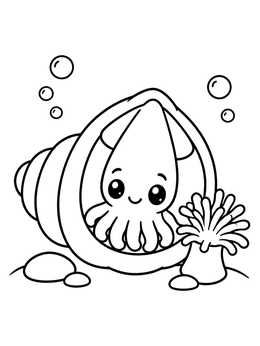 Free printable Cute Baby Squid In Seashell coloring page