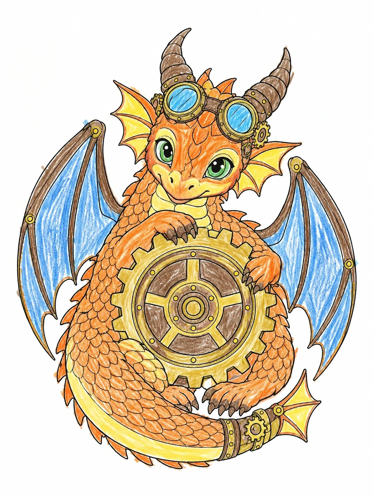 Colored example of the Cute Steampunk Baby Dragon With Gear coloring page
