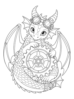A steampunk dragon coloring page featuring a baby dragon wearing goggles and holding a large cog.