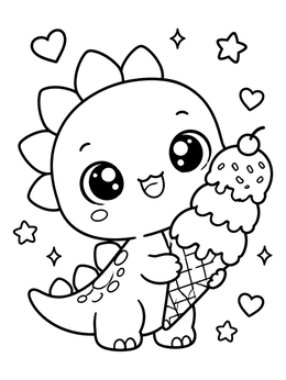 A cute stegosaurus coloring page showing a baby dinosaur holding a big ice cream cone.