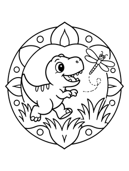Free printable Cute Baby T Rex Chasing Dragonfly coloring page