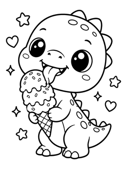 A cute baby t rex coloring page featuring a dinosaur licking an ice cream cone.