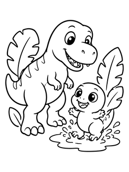 Free printable Cute Baby Dinosaurs Splashing In Puddle coloring page