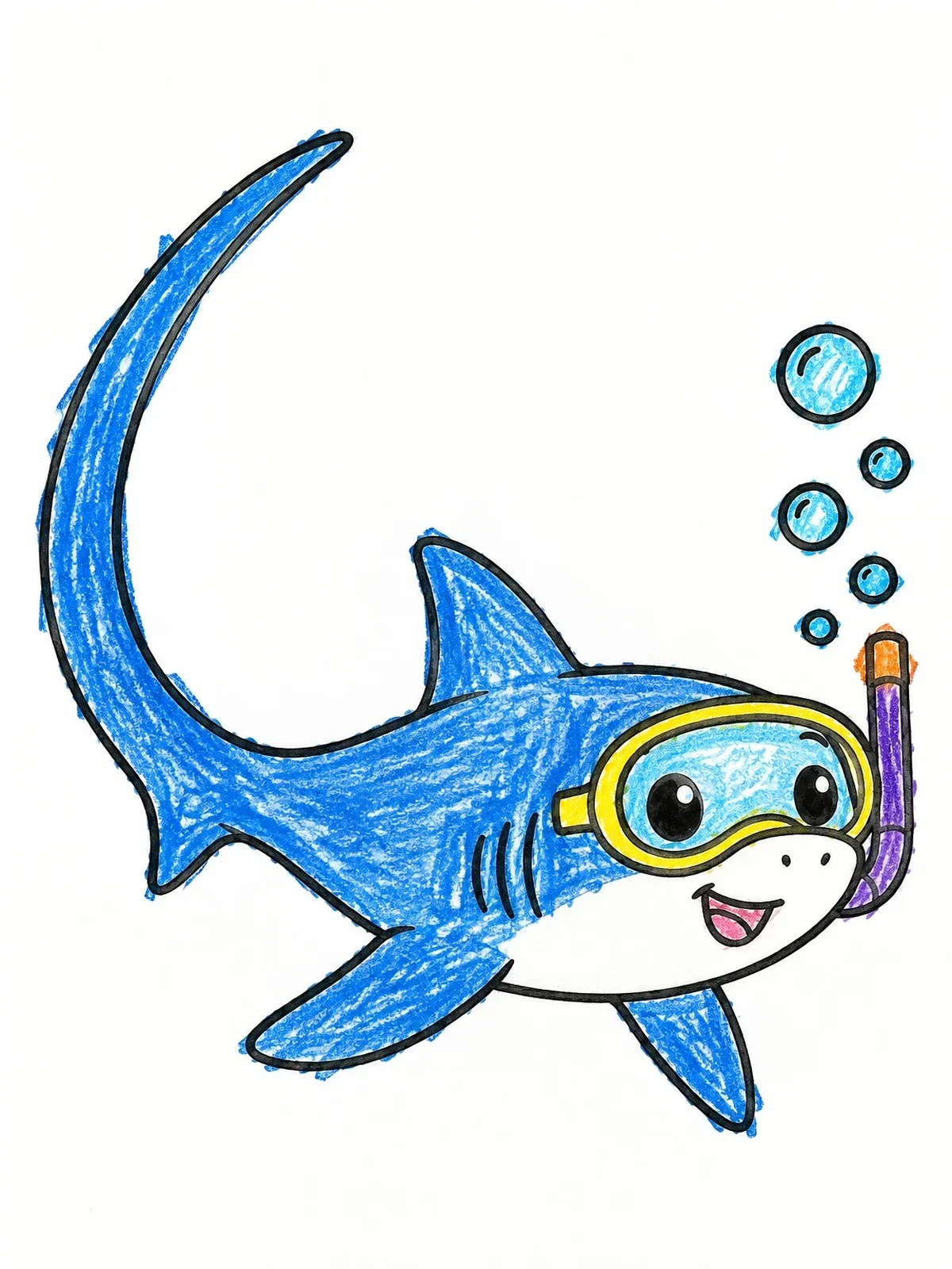 Colored example of the Cute Thresher Shark With Snorkel Mask coloring page
