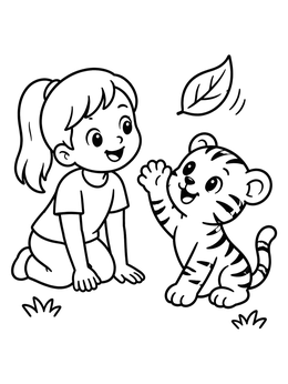 Free printable Playful Baby Tiger Cub And Girl coloring page
