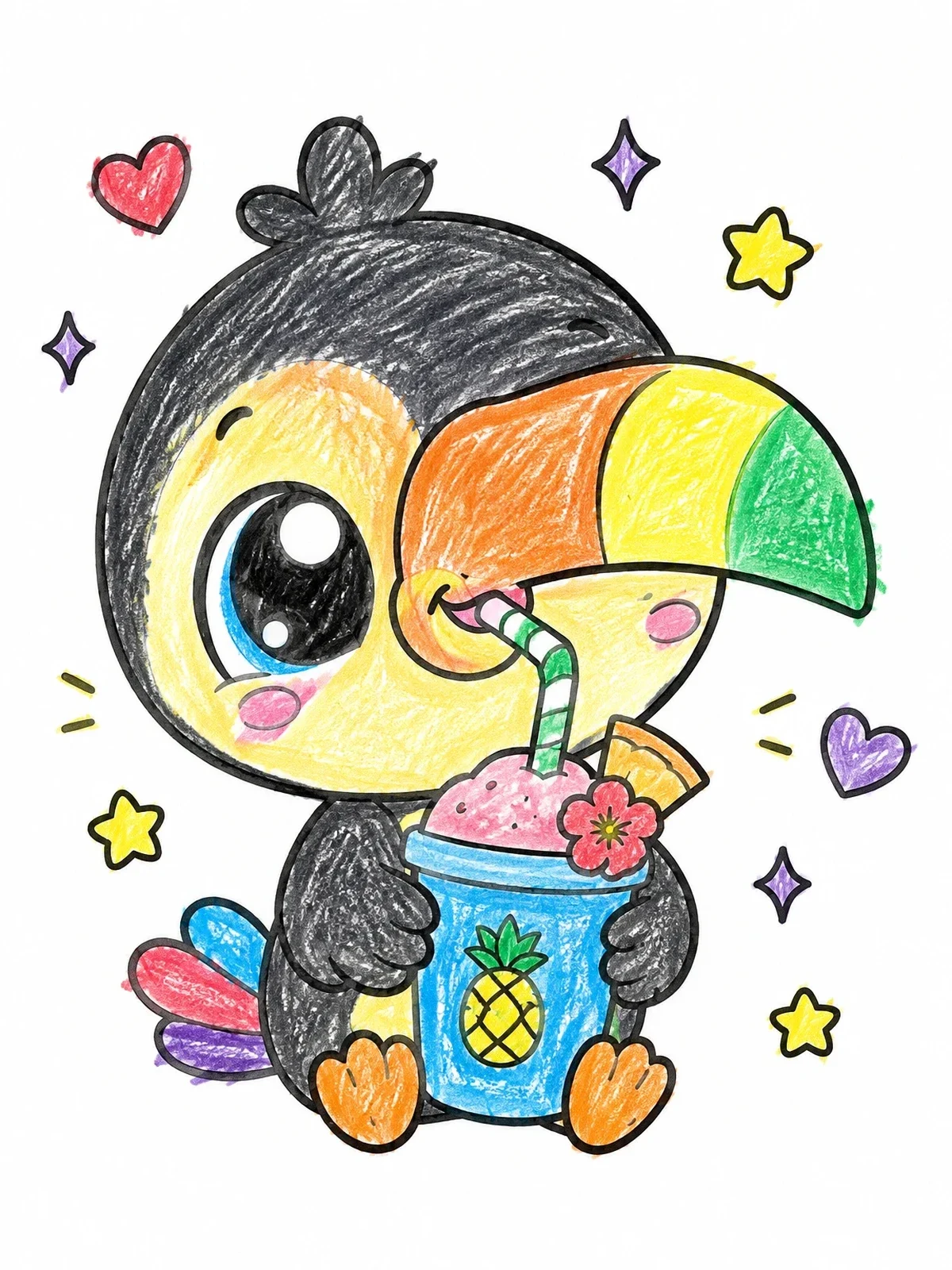 Colored example of the Cute Baby Toucan Drinking Smoothie coloring page