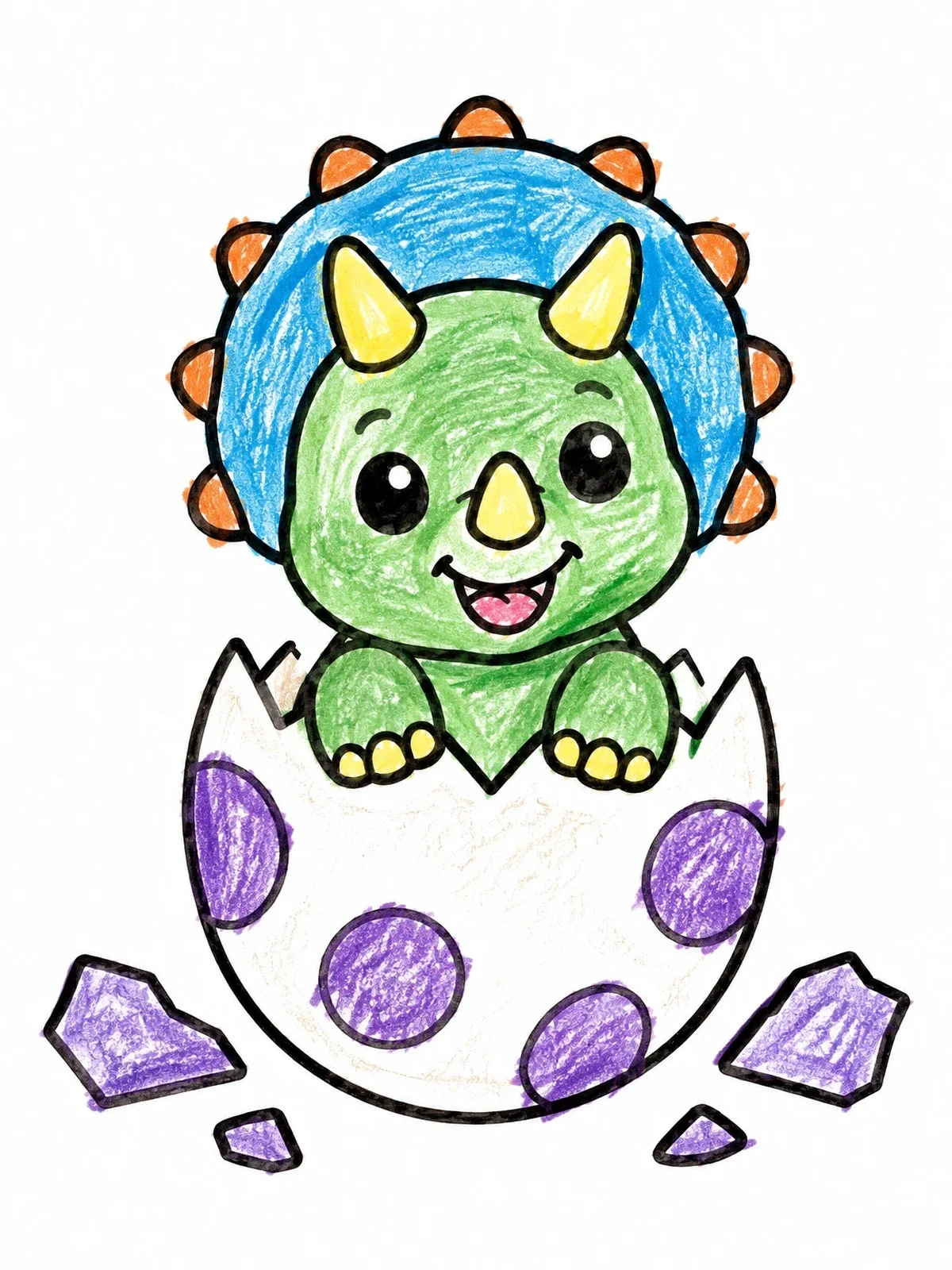 Colored example of the Cute Baby Triceratops Hatching From Egg coloring page