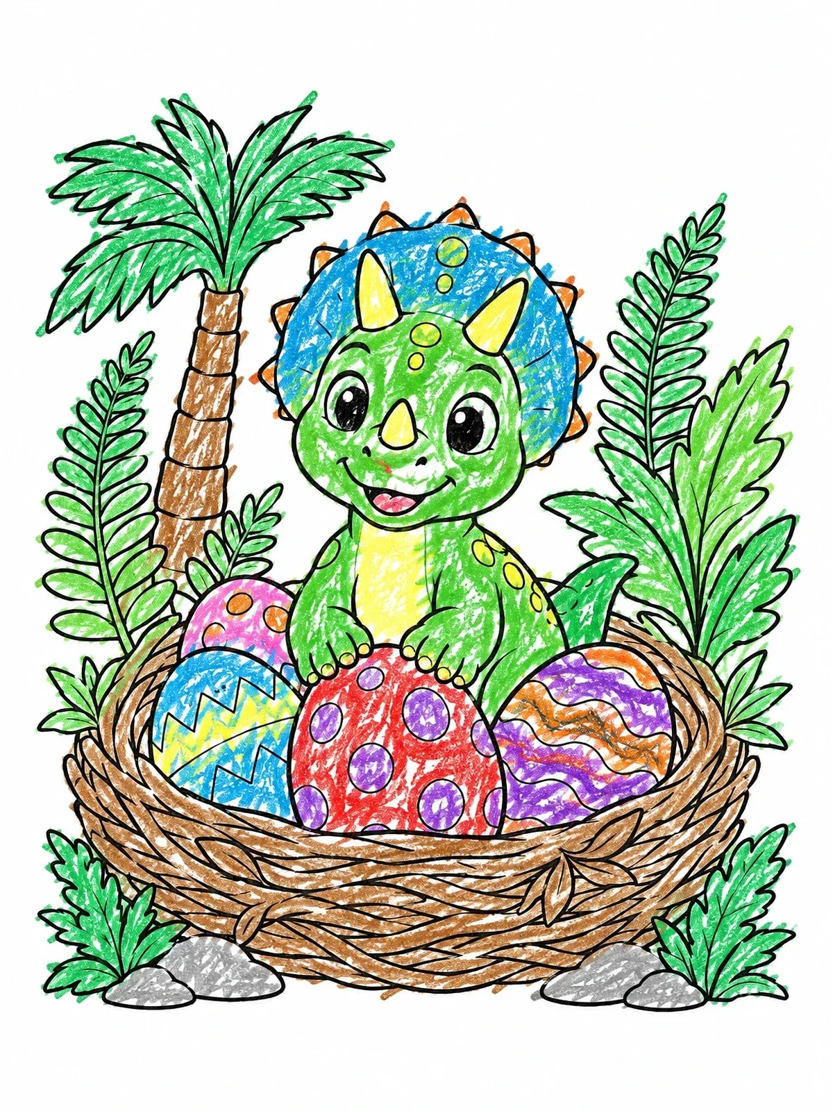 Colored example of the Cute Baby Triceratops In Nest coloring page