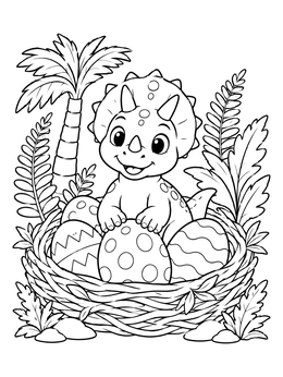A friendly baby triceratops rests among patterned eggs in this dinosaur egg coloring page.