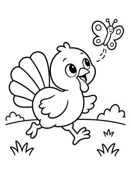 A cheerful baby turkey chasing a butterfly in this sweet turkey coloring page.
