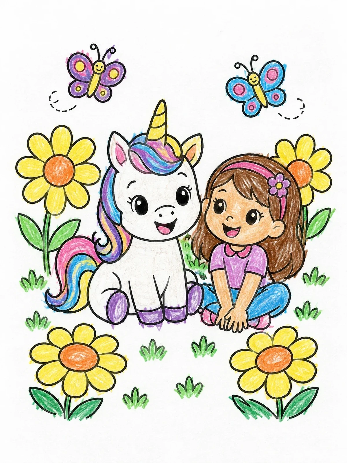 Colored example of the Cute Baby Unicorn And Little Girl coloring page