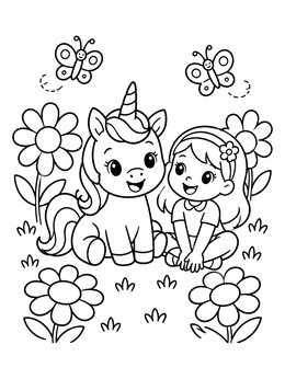 Free printable Cute Baby Unicorn And Little Girl coloring page