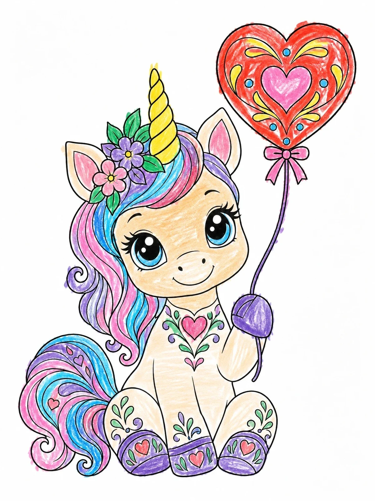 Colored example of the Cute Baby Unicorn With Valentine Balloon coloring page