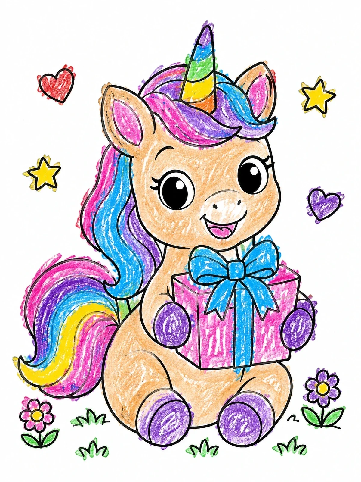 Colored example of the Cute Baby Unicorn With Mother's Day Gift coloring page