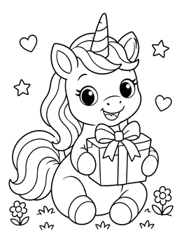 Free printable Cute Baby Unicorn With Mother's Day Gift coloring page