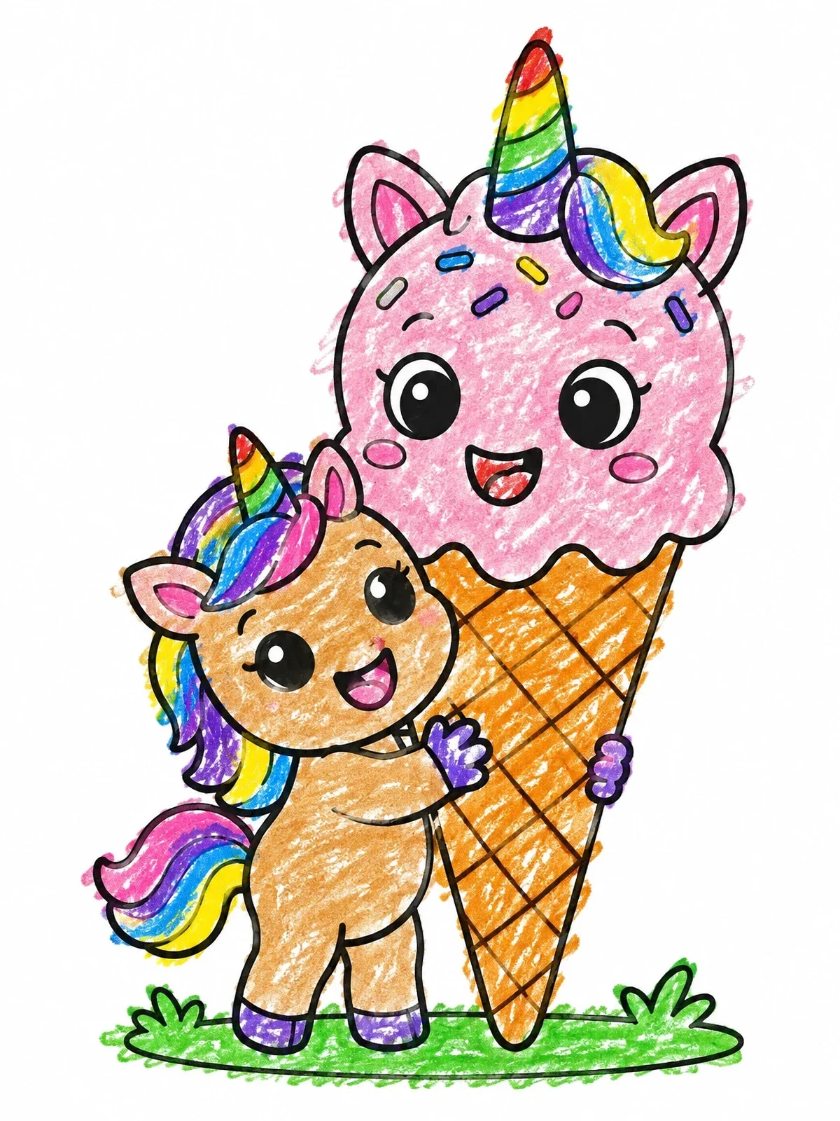 Colored example of the Baby Unicorn Hugging Ice Cream Cone coloring page