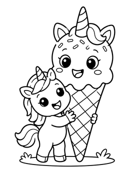 Free printable Baby Unicorn Hugging Ice Cream Cone coloring page