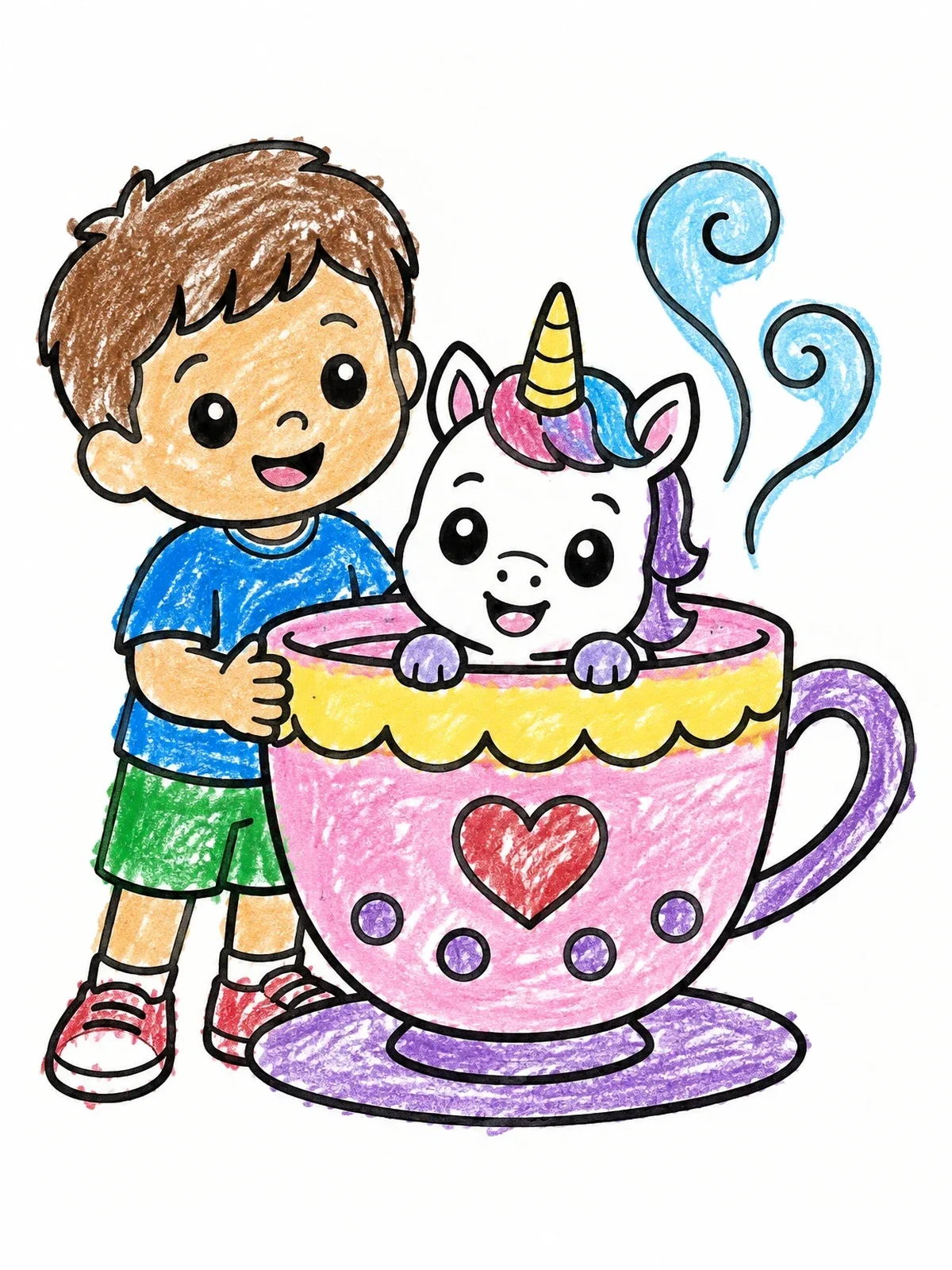 Colored example of the Boy With Baby Unicorn In Teacup coloring page
