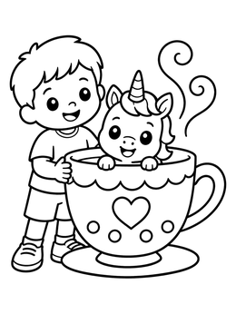 Free printable Boy With Baby Unicorn In Teacup coloring page