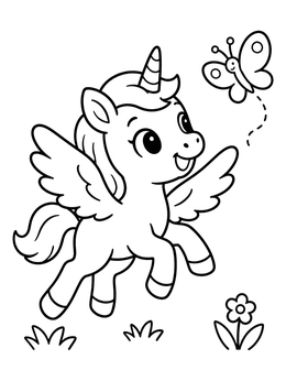 Free printable Playful Baby Winged Unicorn And Butterfly coloring page