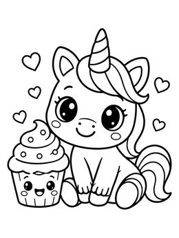Free printable Cute Baby Unicorn With Cupcake coloring page