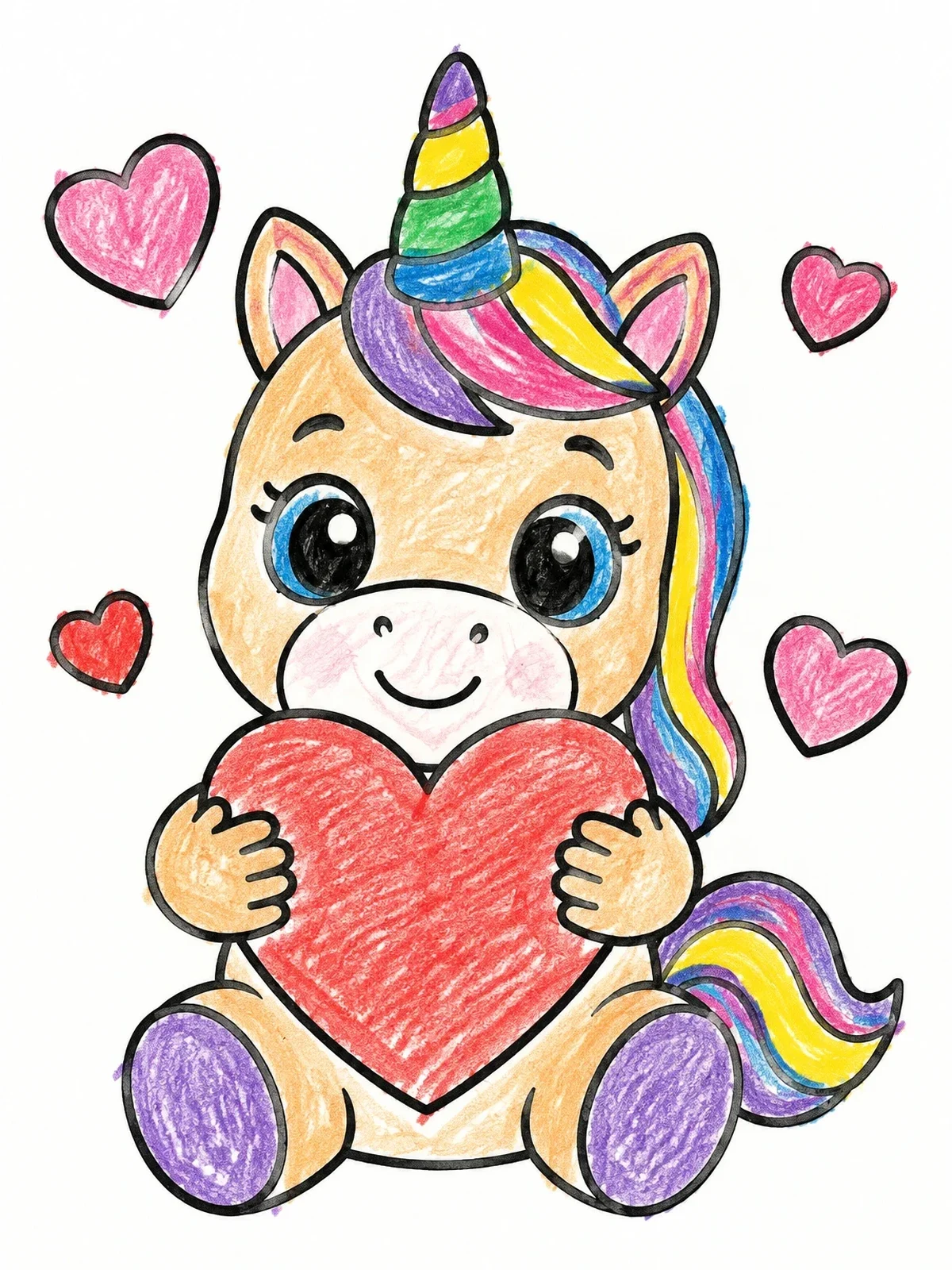 Colored example of the Cute Baby Unicorn With Valentine Heart coloring page