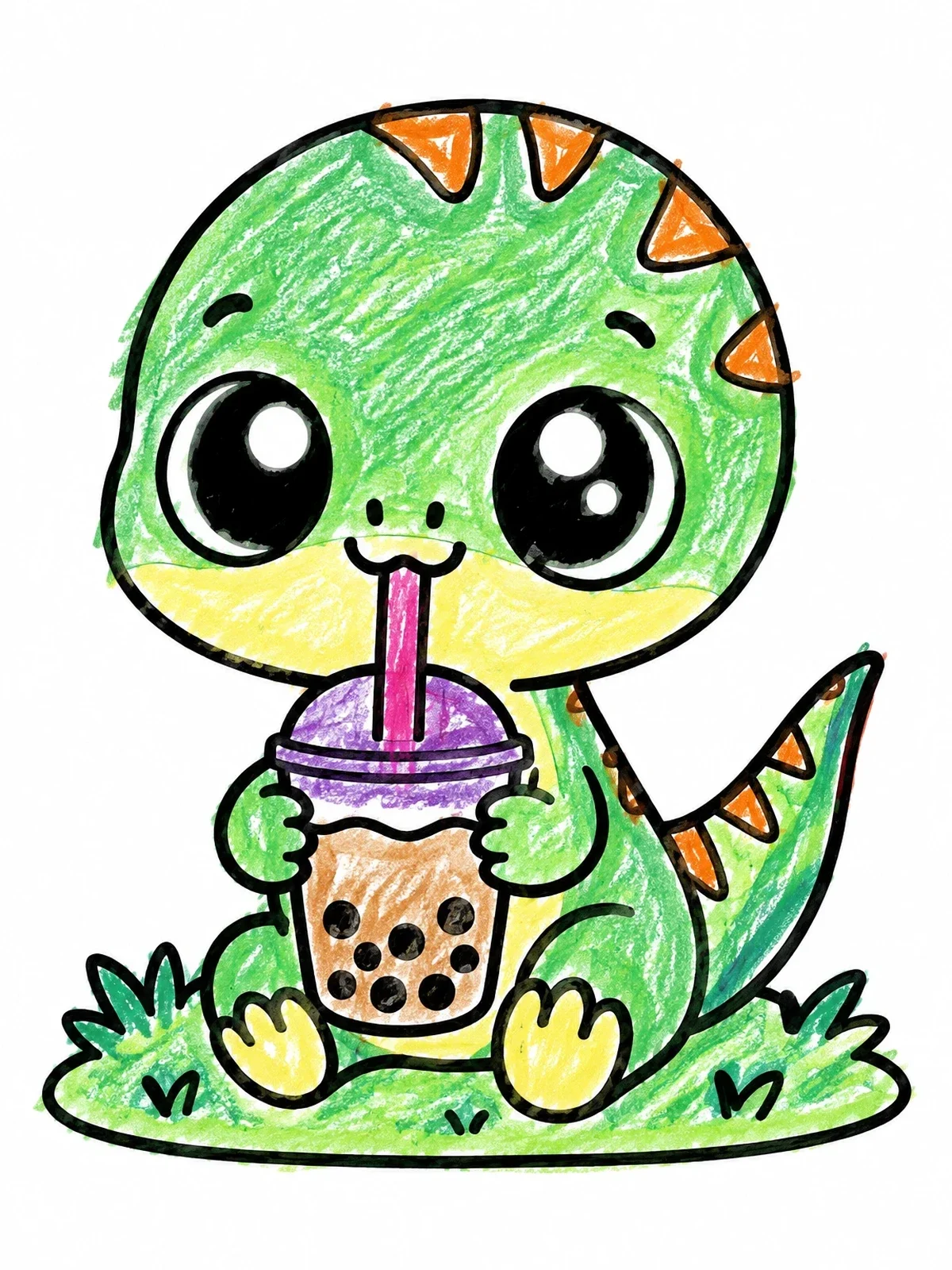 Colored example of the Cute Baby Dinosaur Drinking Boba Tea coloring page